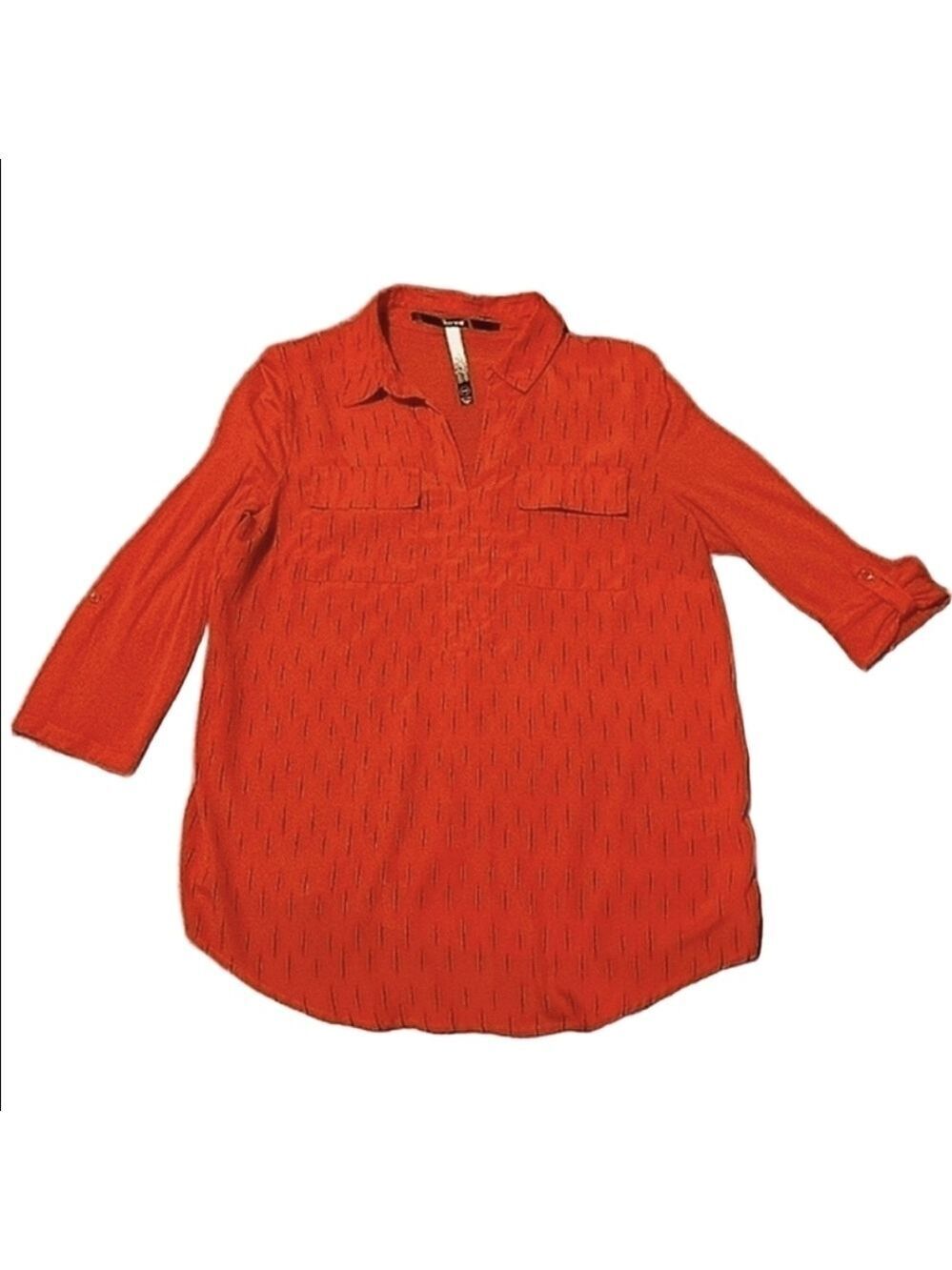 Kensie Boho Ikat Blouse Dash Print Roll Tab Sleeves V-Neck Flap Pockets Medium